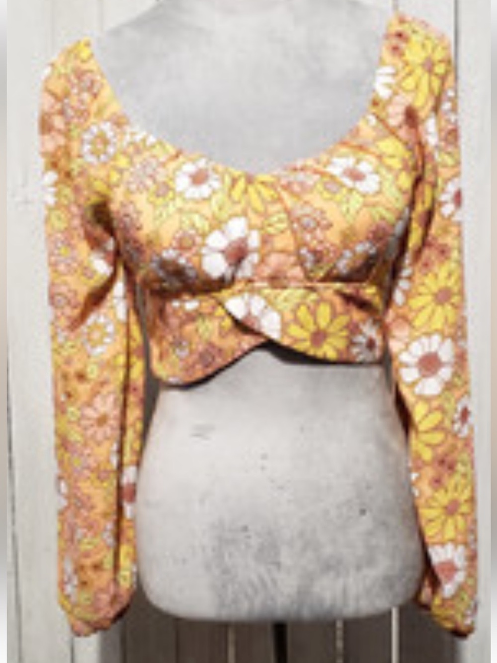 Steve Madden HIPPIE Floral Blouse peach Yellow 70s Floral Cropped Top Womens XL